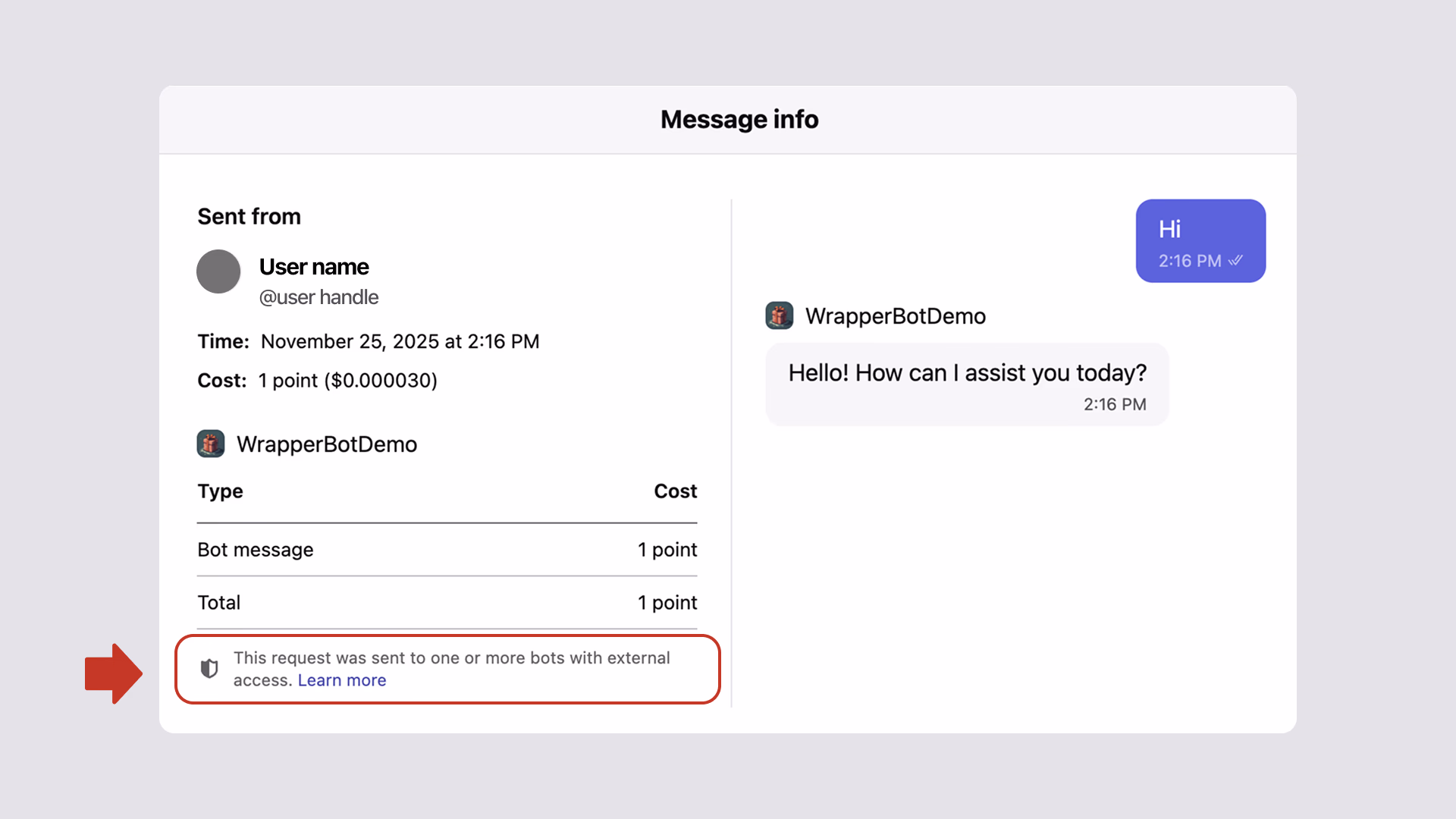 Message info page with external access notice